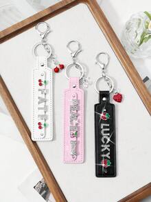 ROMWE 1 New Y2k Classic Simple Temperament Fashionable Retro High Sense Black/White/Pink Leather Silver Shiny Rhinestone Letters "Peace" "Fate" "Lucky" Cherry Strawberry Bone Rivet Drip Oil Love Pendant DIY Keychain Accessories Bag Pendant Pendant, Random Color, Suitable For Girls, Ladies, Couples, Sisters, Girlfriends, Daily Wear, Holiday Gifts - Multicolor - View 2