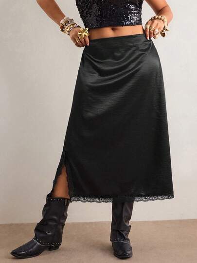 Freevana 大码女式优雅别致简约纯色蕾丝边开衩裙