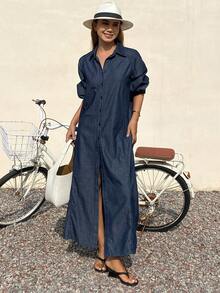 DAZY Women's Lapel Twist Back Cutout Loose Long Sleeve Maxi Denim Casual Elegant Dress - Dark Wash - View 2