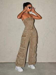 SHEIN ICON Bộ jumpsuit nữ không dây vai với nhiều túi tiện dụng, chất liệu denim ống rộng thoải mái. - Màu Khaki - Xem 4