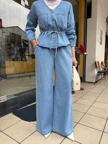 DAZY Women's Casual Belted Shirt With Pockets And Wide Leg Jeans Set, Spring - Medium Wash - View 5
