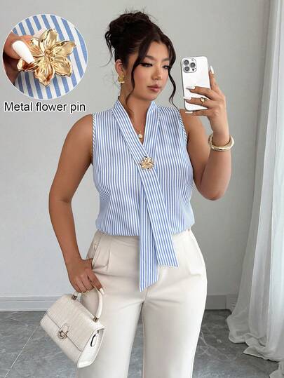 Elenzga Plus Size Women's Sleeveless Metal Decor Striped Blouse, Minimalist Commuting Daily, Spring/Summer