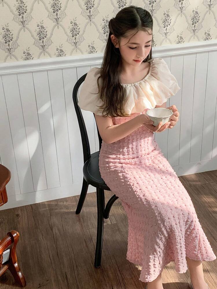 Tween Girl Colorblock Ruffle Collar Fishtail Hem Elegant Dress