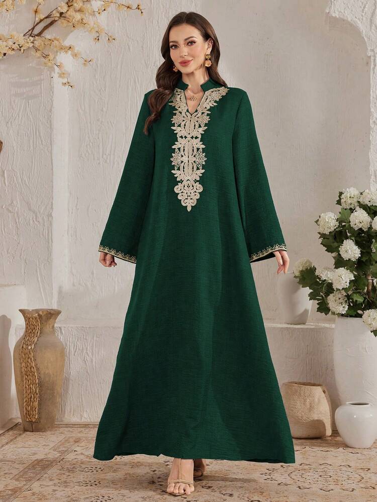 Al Najma Women's V-Neck Applique Casual Loose Party & Outing Dress - Dark Green - View 6