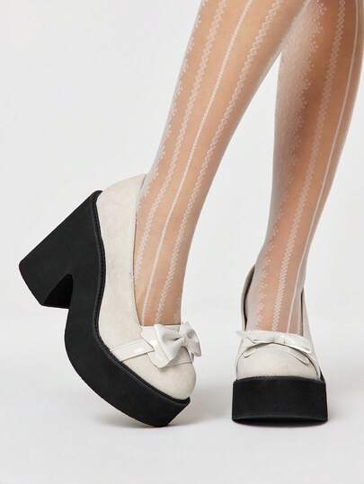 ROMWE Kawaii Women's Shoes Fashion Thick-Soled Wedge Shoes - Casual Punk Style Round Toe Front Bow Decorative Shoes - Comfortable And Simple Women's Slip-On Party Women's Shoes