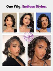ALL READY WIG 4x4 Pre Cut Glueless Pre-Plucked Fashionable Hairstyles Wave Lace Closure Bob Wig Human Hair 8-10 Inch Short Hair 180% Density For Women Boss Lady Vibe C Part Natural Black Pre-Plucked Hairline Wig - SNatural - View 3