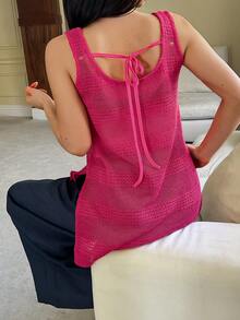 DAZY 女士粉色薄纱吊带背心和蓝色阔腿睡衣套装 - 紅色 - 查看 2