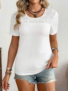 LanaWest Áo thun nữ tay ngắn cổ tròn xếp ly đơn giản, màu trơn, thích hợp cho các buổi đi chơi, hẹn hò, du lịch và mặc đi làm vào mùa hè. - trắng - Xem 3