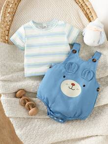 SHEIN 新生儿无袖连体衣，内含短袖T恤，可爱熊耳印花设计，易于穿脱，适合0-9个月的男宝宝、女宝宝，男女通用，柔软舒适，2026夏季新品 - 淺藍色 - 查看 5