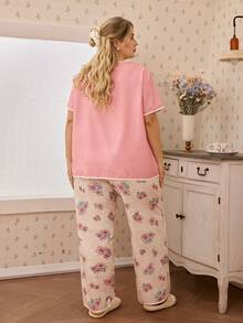 CottageSlumber Plus Size Solid Color Short Sleeve Top&Pink Floral Print Pants Pajama Set,Contrast Decor 2 Piece Sleepwear For Summer,Family Matching Pajama Set - Pink - View 2