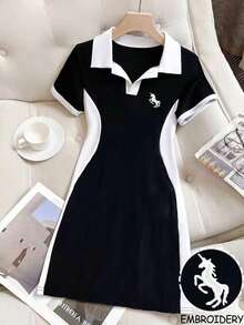 GlowEve 女士独角兽印花撞色Polo领短袖休闲迷你连衣裙 - 黑與白 - 查看 1