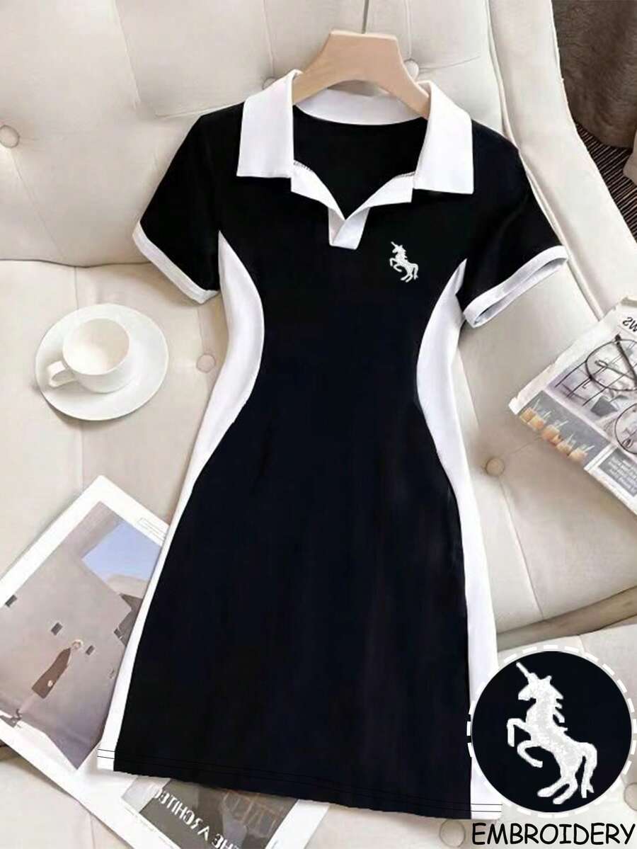 GlowEve 女士独角兽印花撞色Polo领短袖休闲迷你连衣裙 - 黑與白 - 查看 1