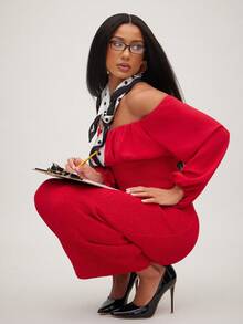 NYA SZN Dress Bishop Long Sleeve Off The Shoulder Ruche Fitted Warm Weather Club Warm Weather Holiday Spring Summer Event Party Occasion Date Vacation Maxi Length Outfits For Women - Red - View 6