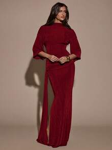 SHEIN BAE 女士纯色褶裥修身优雅七分袖连衣裙 - 酒紅色 - 查看 4