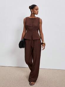ATUI Studio Women's Summer Casual Solid Color Round Neck Tank Top And Pants 2 Pieces Set - Brown - View 5