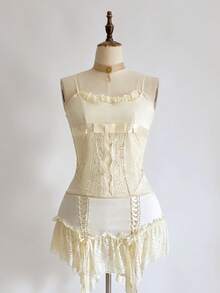 ROMWE Fairycore Women's Vintage Romantic Palace Style Satin & Lace Patchwork Sexy Camisole - Apricot - View 3
