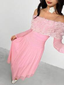 优雅露肩褶饰腰部花卉中长连衣裙，适合少女 - 淺粉色 - 查看 2