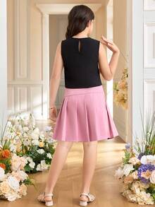 Tween Girls Solid Sleeveless Top With Cute 3D Floral Decor And Pleated Skirt 2-Piece Set, Fashionable French Elegant Outfit, Ladylike Style, Back To School, Suitable For Graduation Dance, Birthday Party,Kids - Pink - View 3
