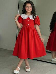 SHEIN 少女春夏季休閒優雅通勤時尚珠飾法式刺繡蕾絲大領口水鑽仿珍珠裝飾鈕扣抽褶短袖公主洋裝 梭織純色紅色婚禮季花童禮服 - 紅色 - 查看 1