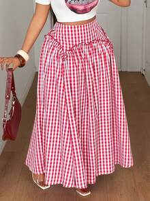 Maweii Plus Size Plaid Pleated Long Skirt, Summer Fall - Red and White - View 5