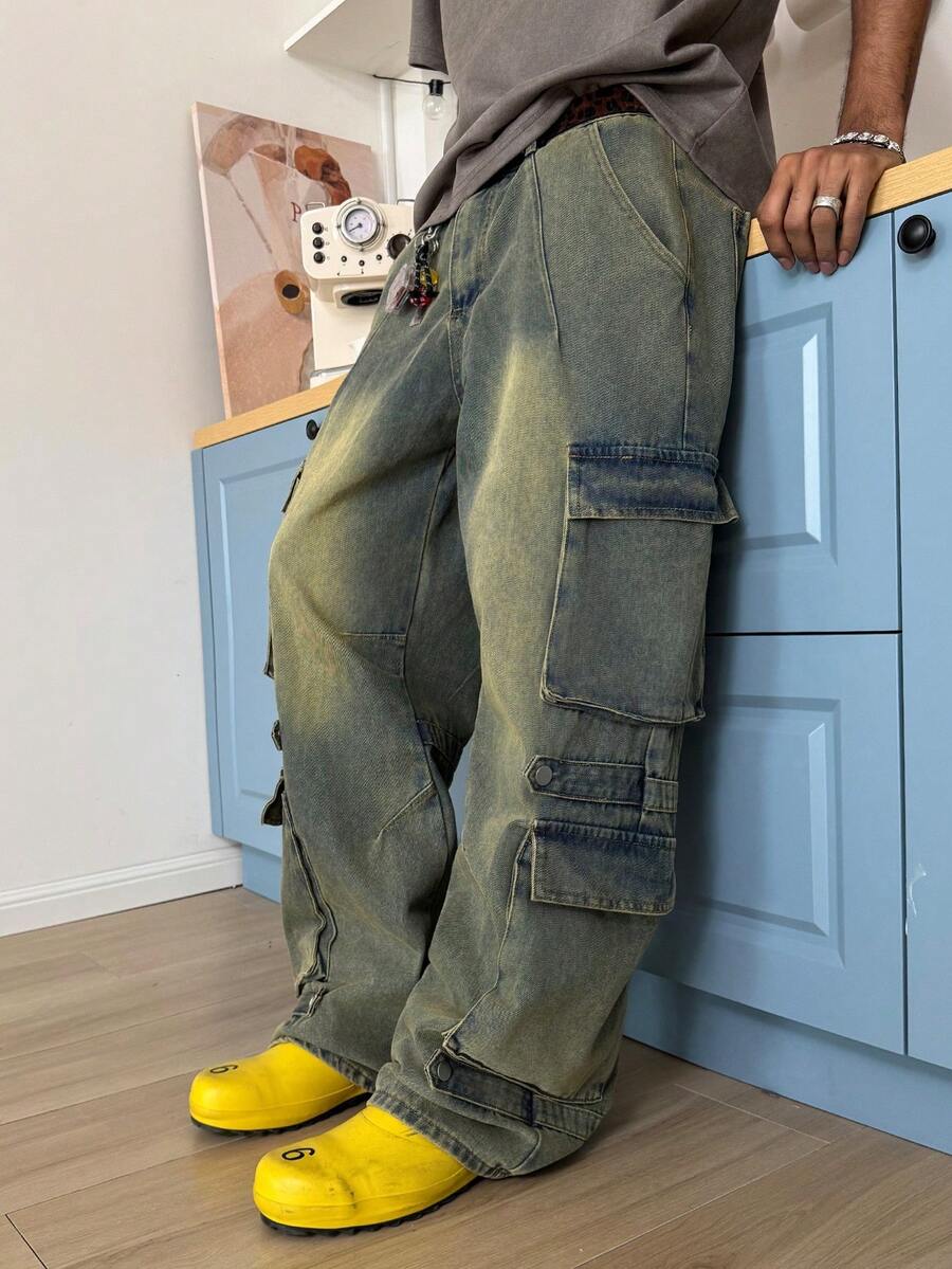 STEELVANCE 复古水洗宽松直筒工装牛仔裤，多口袋设计，时尚街头风 - 霧霾藍 - 查看 1