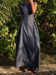 DAZY Women's V-Neck Sleeveless Waist Cinched Long Denim Dress, Vacation Style, Summer - Dark Wash - View 2