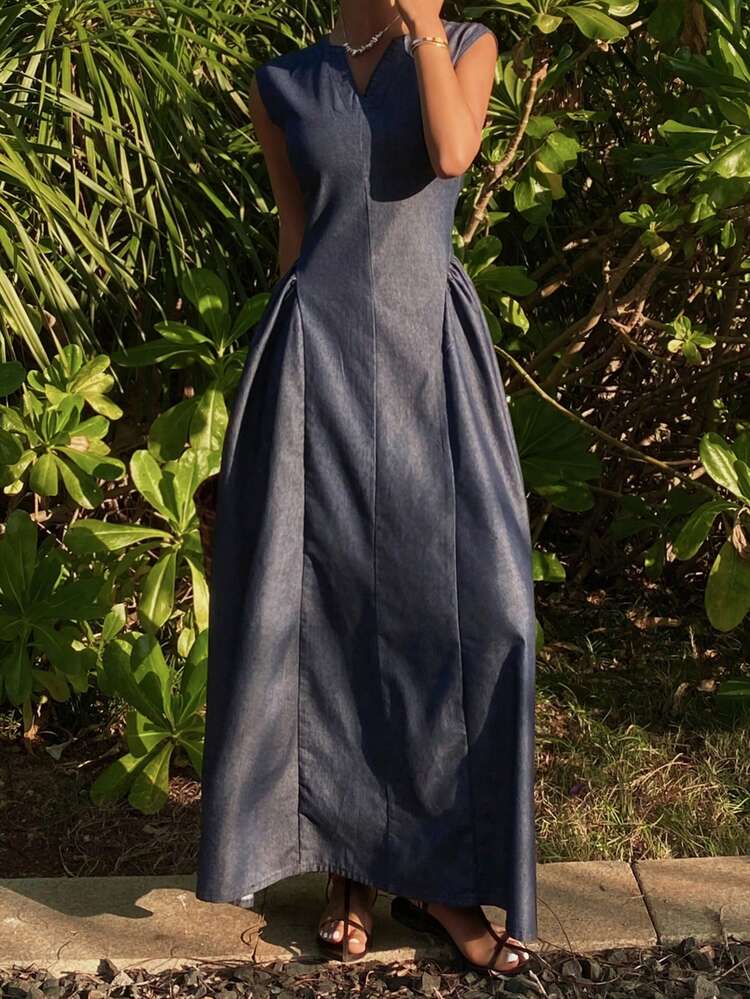 Women's V-Neck Sleeveless Waist Cinched Long Denim Dress, Vacation Style, Summer