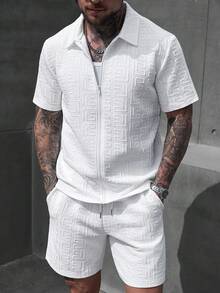 SLATEMANN 男士衬衫套装，针织提花面料，时尚日常穿着，尽显男士绅士风范，适合日常休闲、周末旅行、户外活动、探险旅行、轻松的工作环境或半正式场合，也是送给男友/丈夫、周年纪念/生日、派对、夏季假期、婚礼、春夏交替、狂欢节等场合的理想之选。这款时尚的白色几何压花短袖衬衫搭配同款抽绳短裤，是男士休闲时尚的理想之选。夏季男士两件套，休闲短裤两件套，白色男士两件套，男士短裤套装，男士衬衫套装，男士夏季运动服。 - 白色 - 查看 6