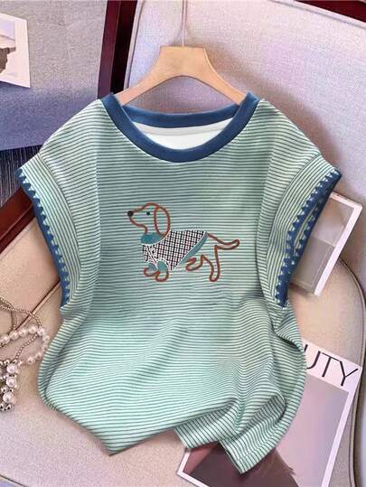 Resyla Retro American Colorblock Striped Cute Puppy Embroidered Sleeve Fashion Women T-Shirt