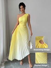 Modelyn Yellow Sleeveless Asymmetric Neck Pleated Ombre Dress For Women - Yellow - View 5