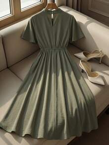 Franclia 女士春夏褶皱优雅连衣裙，适合办公室、休闲、度假、浪漫约会、海滩派对、下午茶等场合，立领，荷叶边装饰，泡泡袖，鱼尾裙摆，修身剪裁。 - 軍綠色 - 查看 2