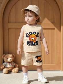 SHEIN Baby Boy Summer Knit Casual Short Sleeve T-Shirt And Shorts Set,English Cool Bear Print Top And Pants 2pcs Outfit,Beige Beach Wear For Outing,Party - Multicolor - View 1