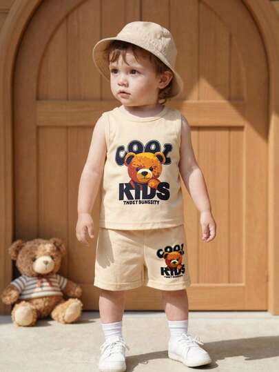 Playful Pals 男婴夏季针织休闲短袖T恤短裤套装，英文酷炫小熊印花上衣和裤子两件套，适合居家、外出、派对穿着