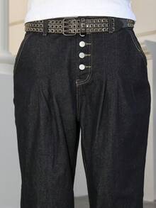 Manfinity Roghcode Men's Dark Wash Blue 5-Button Loose Wide Leg Jeans Men Wide Leg Pants - Dark Wash - View 8