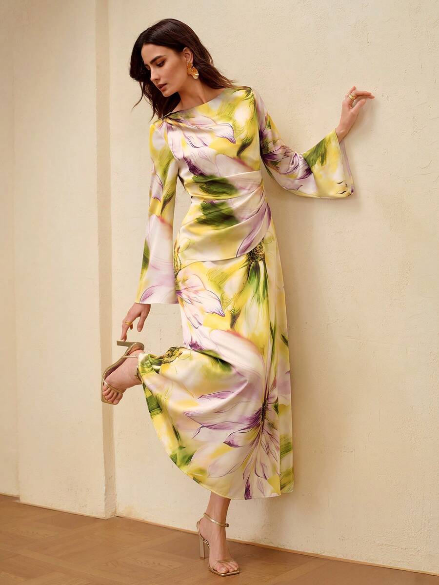 ZEYLAH Đầm satin in hoa thanh lịch, ôm dáng, thắt nơ, thích hợp cho mùa xuân/hè. - Vàng nhạt - Xem 1