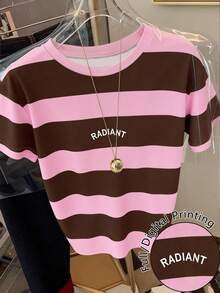 Resyla Women's Casual Letter & Striped Pattern Round Neck Short Sleeve T-Shirt, Summer - Multicolor - View 1