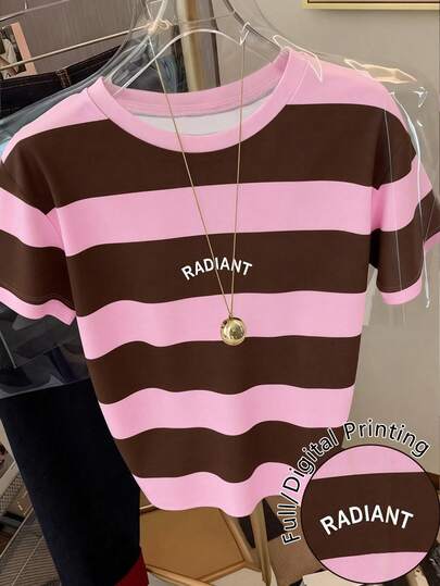 Resyla Women's Casual Letter & Striped Pattern Round Neck Short Sleeve T-Shirt, Summer
