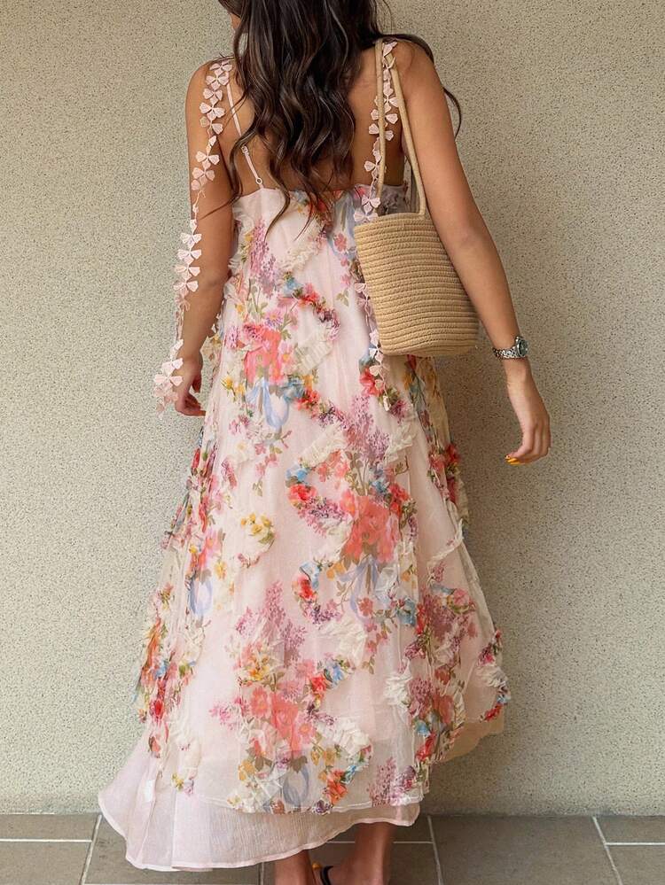 Romantic Ditsy Floral Frill Trim Slip Dress, Charming Girly Summer Dress For Women Cruise Outfit For Women Sundress