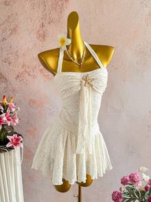 Elamini 女士春夏休闲时尚日常百搭派对纹理面料金属海星吊带蝴蝶结迷你连衣裙，杏色 - 米色 - 查看 6