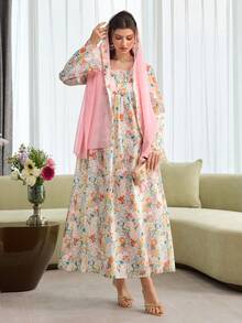 Al Najma Floral Print Dress With Ruffle Sleeve & Headscarf - Multicolor - View 6