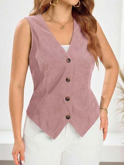 EMERY ROSE Plus Size Women V-Neck Single-Breasted Casual Versatile Commuting Vest Jacket\Summer\Vacation
