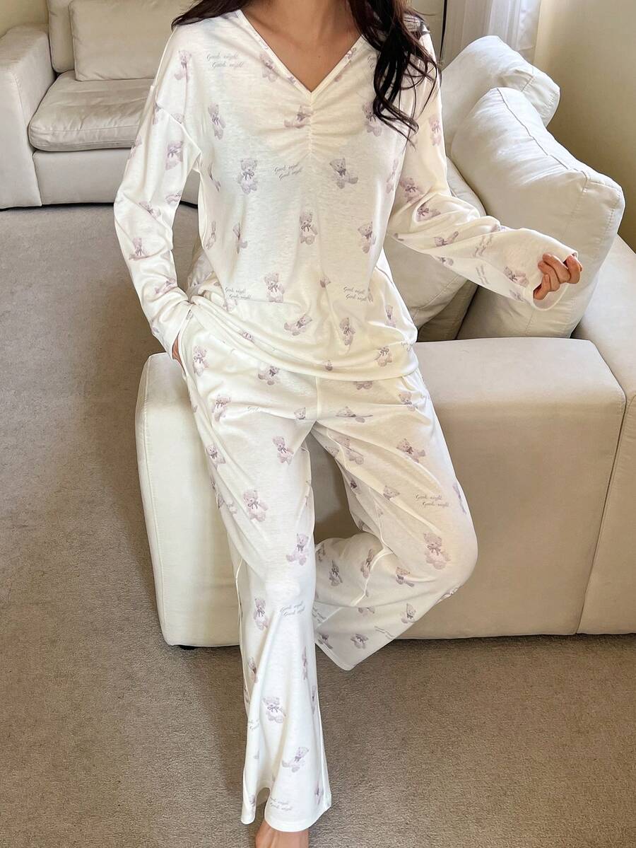 DAZY 可爱小熊印花舒适针织女式睡衣套装 - 白色 - 查看 1