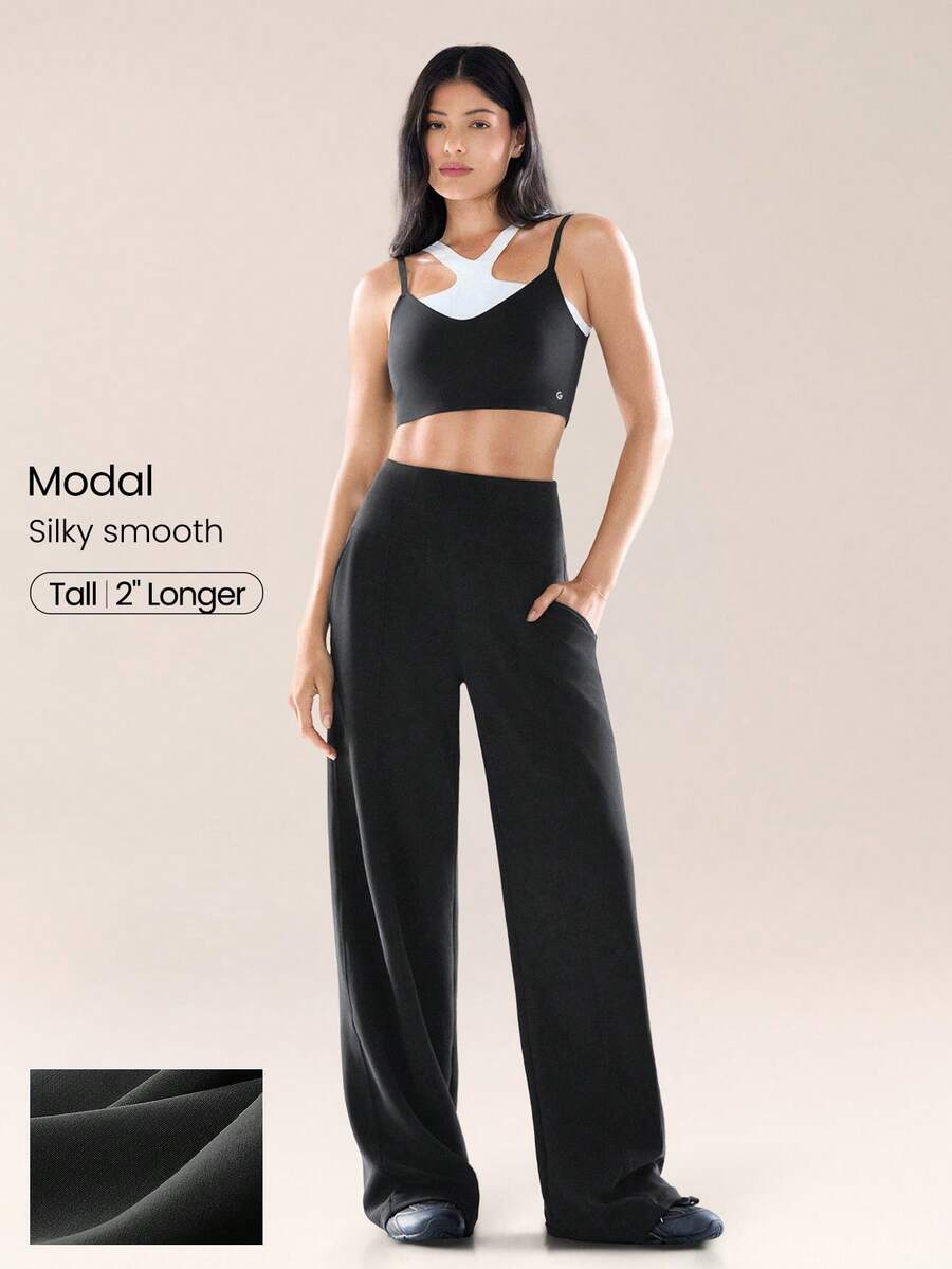 GLOWMODE SoftSerene 莫代尔面料，柔滑丝滑，透气舒适，宽松版型，高腰设计，侧边口袋，高腰阔腿休闲裤，日常休闲穿着 - 黑色 - 查看 1