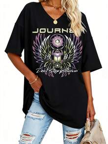 EMERY ROSE Women's V Neck Short Sleeve T Shirt- Journey Don't Stop Believin' Scarab Casual Graphic Loose Tee - Black - View 1