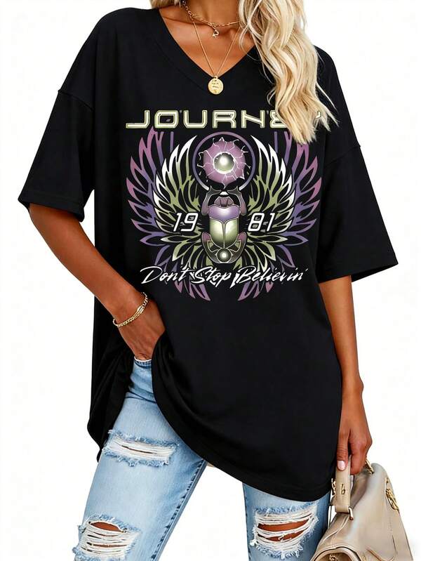 EMERY ROSE Camiseta de mujer de cuello en V y manga corta - Journey Don't Stop Believin' Escarabajo Gráfico casual y holgada