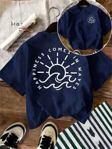 DrmWander 女士圆领字母印花夏季休闲百搭短袖T恤 - 藏蓝色 - 查看 1