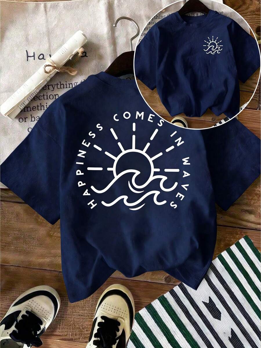 DrmWander 女士圆领字母印花夏季休闲百搭短袖T恤 - 藏蓝色 - 查看 1