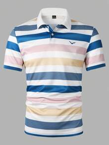 Manfinity Homme 男士条纹印花翻领 Polo 衫，适合居家、外出、聚会和度假穿着 - 藍色 - 查看 3