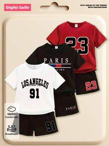 SHEIN GraphicGems 6 件套年轻男孩时尚创意数字和字母印花短袖 T 恤和休闲裤套装 - 彩色 - 查看 1