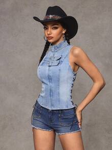 Jeanoix Women's Fashionable Casual Y2K Versatile Fitted Sexy Denim Top - Light Wash - View 5